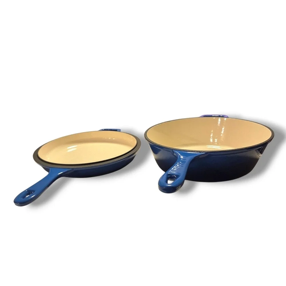 Blue Enameled Cast Iron Skillet Set 2 Piece Deep Pan and‎ Shallow Lid Skillet